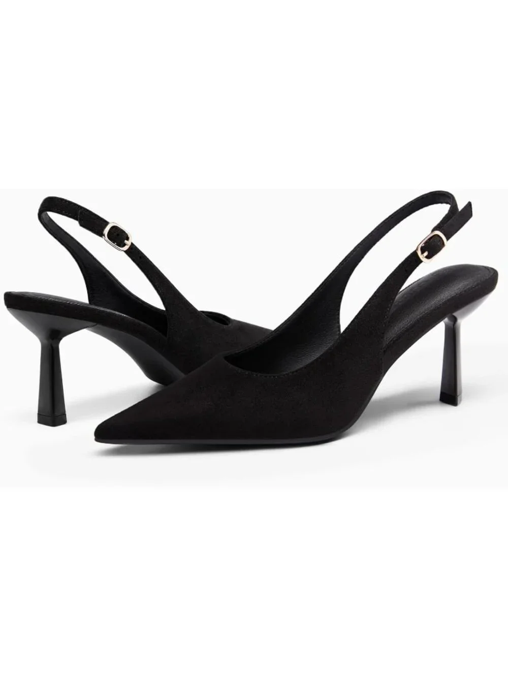 Women's Black Suede Rubber Slingback Kitten Heel Closed Pointed Toe Buckle Pumps